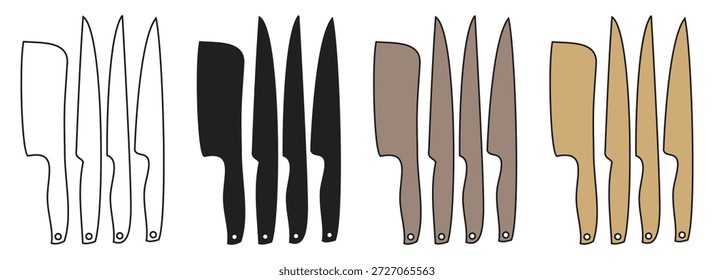 Colección estilizada del cuchillo de cocina en cuatro representaciones visuales distintas