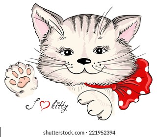 Stylized kitten's face. Vector hand drawn illustration