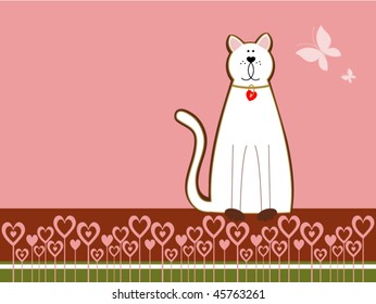 Stylized Kitty Cat  with heart flowers and butterfly