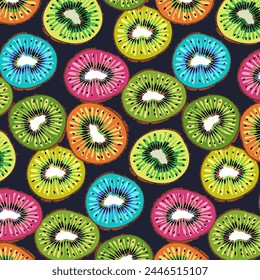 Stylized kiwi fruit in a pattern.Vector seamless pattern with multi-colored kiwis on a blue background.