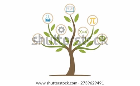 Stylized Knowledge Tree, Vector Illustration with Science. Tech, Math and Literature Icons. knowledge and stylized tree. education concept and science icon.