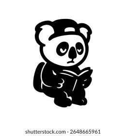 Um coala estilizado, parecido com um panda, vestindo um boné, senta e lê um livro