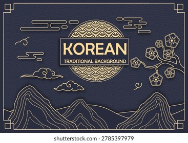 Stylized Korean mountains, clouds and blossoms shown in elegant line art on a dark patterned background, expressing a cultural heritage concept. Vector illustration