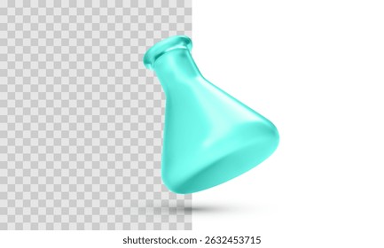 Stylized Laboratory Flask In Glossy Teal 3D Design On Transparent And White Background. Clean Scientific Icon For Chemistry, Research, Education, Or Medical Use. Vector Illustration.