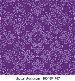 Stylized lacy contoured floral four pointed shape motif nature inspired bloom with geometric execution in neutral greyish blue tone on purple and small flower element between them. For commercial good