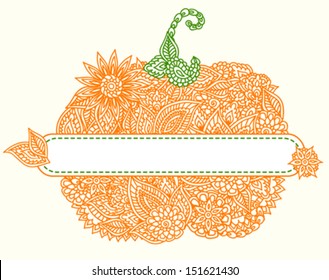 Stylized lacy doodle pumpkin with empty tag for Halloween or Thanksgiving.