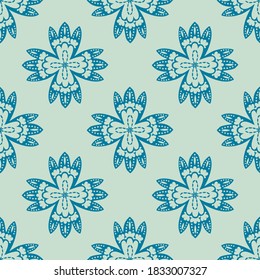 Stylized lacy floral four pointed shape motif nature inspired bloom with geometric execution in fresh aquamarine and spring green tones. For commercial goods, digital, web, print, scrapbooking items.