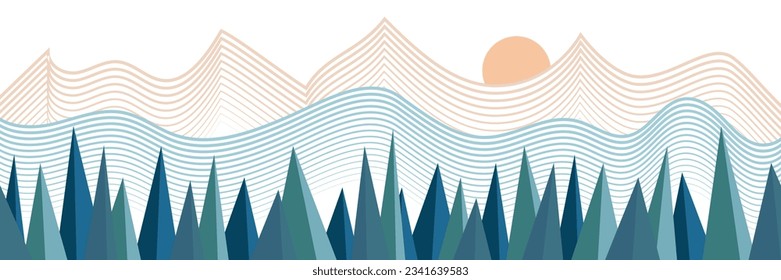 Stylized landscape, abstract mountain view, forest and the setting sun, vector illustration