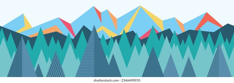 Stylized landscape, abstract mountain view, seamless border, vector illustration
