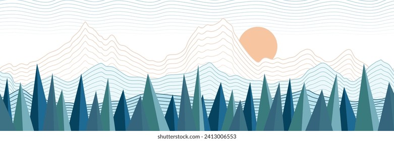 Stylized landscape, abstract mountain view, forest and the setting sun, seamless border, vector illustration