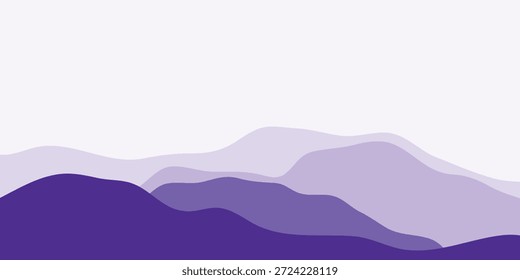 A stylized landscape featuring layered purple mountain peaks against a white background, creating a sense of depth and tranquility.