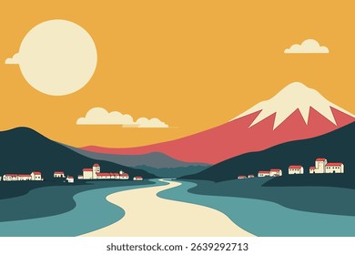 A stylized landscape featuring a river flowing through a village nestled between mountains, under a bright sun and clear sky.
