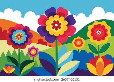 Uma paisagem estilizada com colinas verdes rolantes sob um céu azul brilhante com nuvens brancas. Várias flores coloridas e abstratas florescem no primeiro plano e no meio do chão, renderizadas em negrito