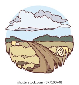 Stylized landscape with a field, haystacks and clouds, color picture on a white background.