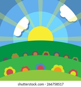 stylized landscape with flowers, hills, clouds and sun rays in the blue sky