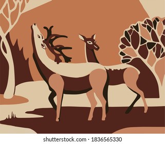 
Paisaje estilizado con bosque y ciervo. Vector.