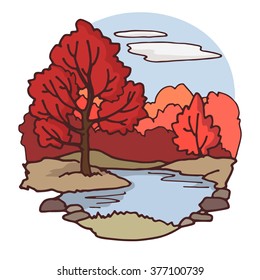 Stylized landscape with a forest lake, color picture on a white background.