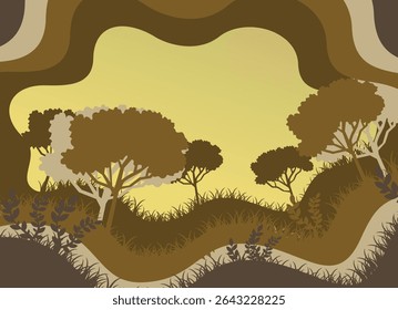 A stylized landscape illustration with layered brown and beige tones depicting a savanna-like scene with various trees, bushes, and tall grasses under a warm, light yellow sky