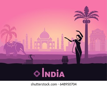 Stylized landscape of India with the Taj Mahal, an elephant and a dancer