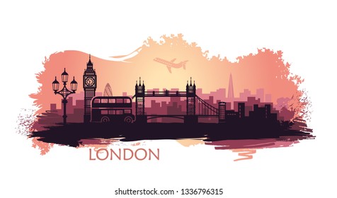 Stylized landscape of London with a with big Ben, tower bridge and other attractions. Abstract skyline at sunset with spots and splashes of paint