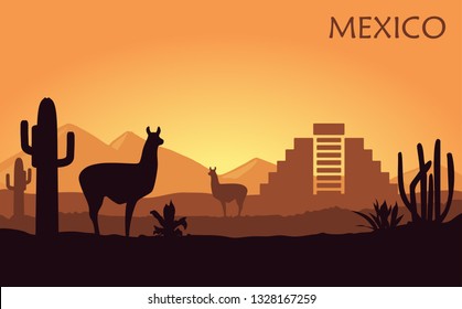 Stylized landscape of Mexico with a llama, cactuses and ancient pyramid. Abstract skyline at sunset