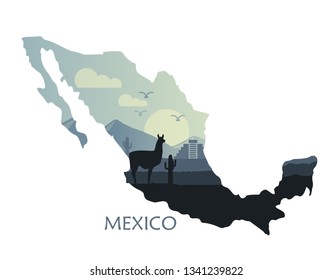 Stylized landscape of Mexico with a llama and cactuses. Abstract skyline at sunrise in the form of a map of Mexico