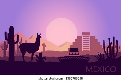 Stylized landscape of Mexico with a llama, cactuses and ancient pyramid. Abstract skyline at sunset