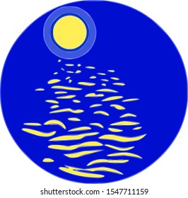  Stylized landscape with the moon and water. Vector graphics. Blue background.