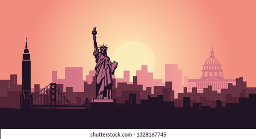 Stylized landscape of new York with the sights of the United States. Abstract skyline at dawn