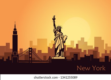 Stylized landscape of new York with the sights of the United States. Abstract skyline at dawn