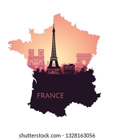 Stylized landscape of Paris with Eiffel tower, arc de Triomphe and Notre Dame Cathedral at sunrise in the form of a map of France