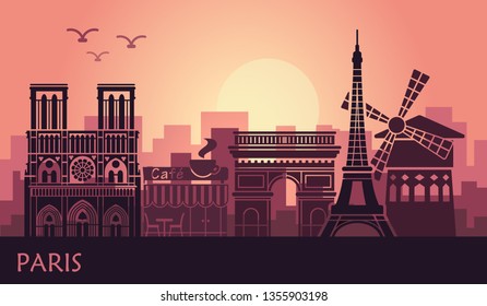 Stylized landscape of Paris with Eiffel tower, arc de Triomphe and Notre Dame Cathedral and other attractions. Abstract skyline at sunset