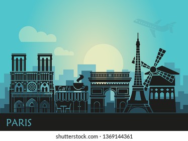 Stylized landscape of Paris with Eiffel tower, arc de Triomphe and Notre Dame Cathedral and other attractions. Abstract skyline at sunset