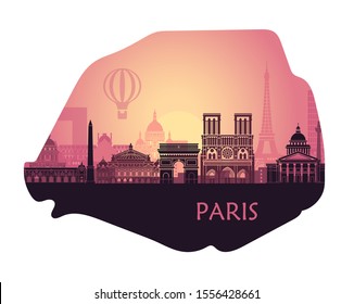 Stylized landscape of Paris with Eiffel tower, arc de Triomphe and Notre Dame Cathedral and other attractions