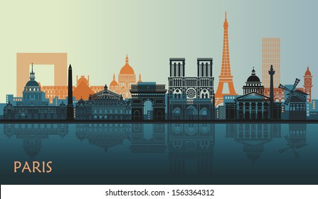 Stylized landscape of Paris with Eiffel tower, arc de Triomphe and Notre Dame Cathedral and other attractions