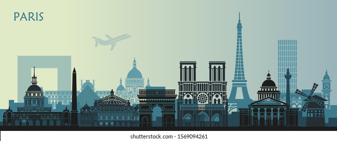 Stylized landscape of Paris with Eiffel tower, arc de Triomphe and Notre Dame Cathedral and other attractions