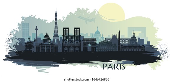 Stylized landscape of Paris with Eiffel tower, arc de Triomphe and Notre Dame Cathedral with spots and splashes of paint