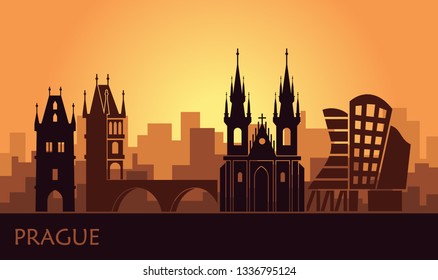 Stylized landscape of Prague with the main sights at sunset. Vector illustration