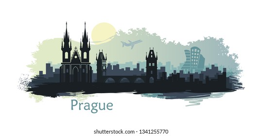 Stylized landscape of Prague with the main sights at ssunrise. Abstract skyline at sunrise with spots and splashes of paint