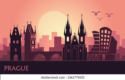 Stylized landscape of Prague with the main sights at sunset. Vector illustration