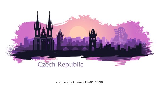 Stylized landscape of Prague with the main sights at ssunrise. Abstract skyline at sunrise with spots and splashes of paint