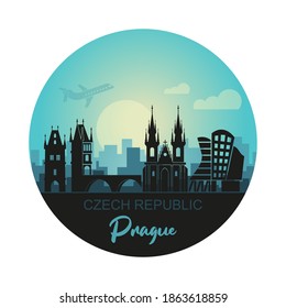 Stylized landscape of Prague with the main sights at sunset in the form of a circle