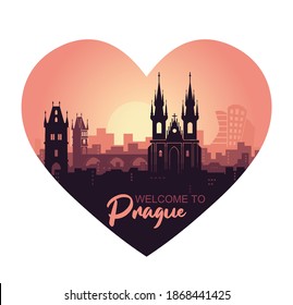 Stylized landscape of Prague with the main sights at sunset in the form of a heart