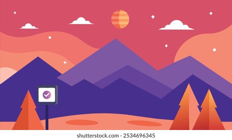 A stylized landscape with purple mountains, orange trees, a white cloud, and a striped orange sun.  A checkmark is on a sign in the foreground.