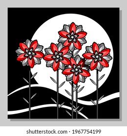 Stylized landscape with red flowers against the background of the moon. 