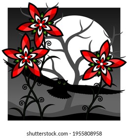 Stylized landscape with red flowers and an owl against the background of the moon. Wall decor, poster design. Vector illustration.