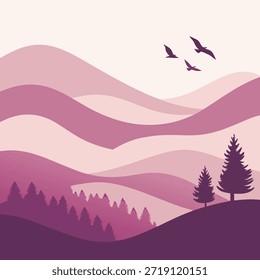 Stylized landscape with rolling hills, pine trees, and birds in shades of purple and pink mountains