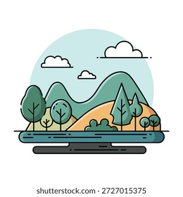 Stylized landscape with rolling hills, trees, and a body of water under a cloudy sky nature mountains