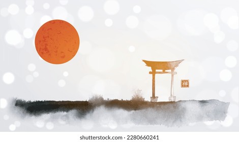 Stylized landscape with sacred torii gates, flock of birds and big red sun, symbol of Japan on white glowing background. Hieroglyph - zen.