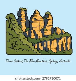 Stylized landscape scene featuring the iconic Three Sisters rock formation in the Blue Mountains near Sydney, Australia
